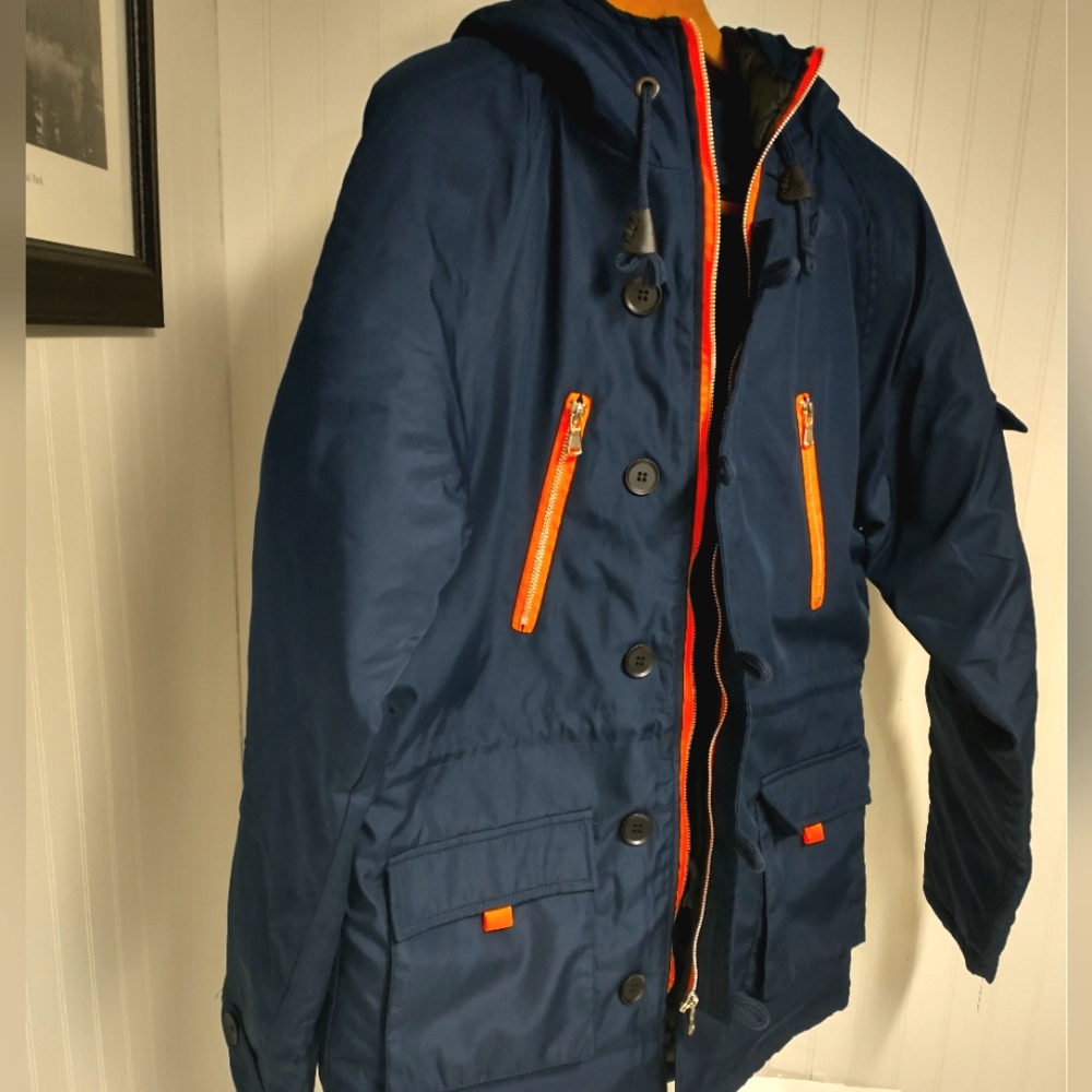 Navy Blue Hooded Men's Parka Jacket with Orange Accents Size XL Lightweight
